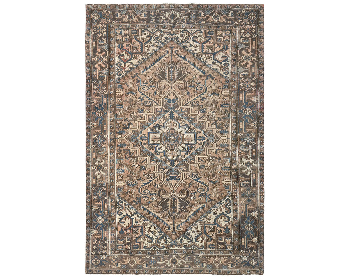 Alfombra de lana anudada a mano estilo persa vintage Heriz marrón de 7 x 10 pulgadas