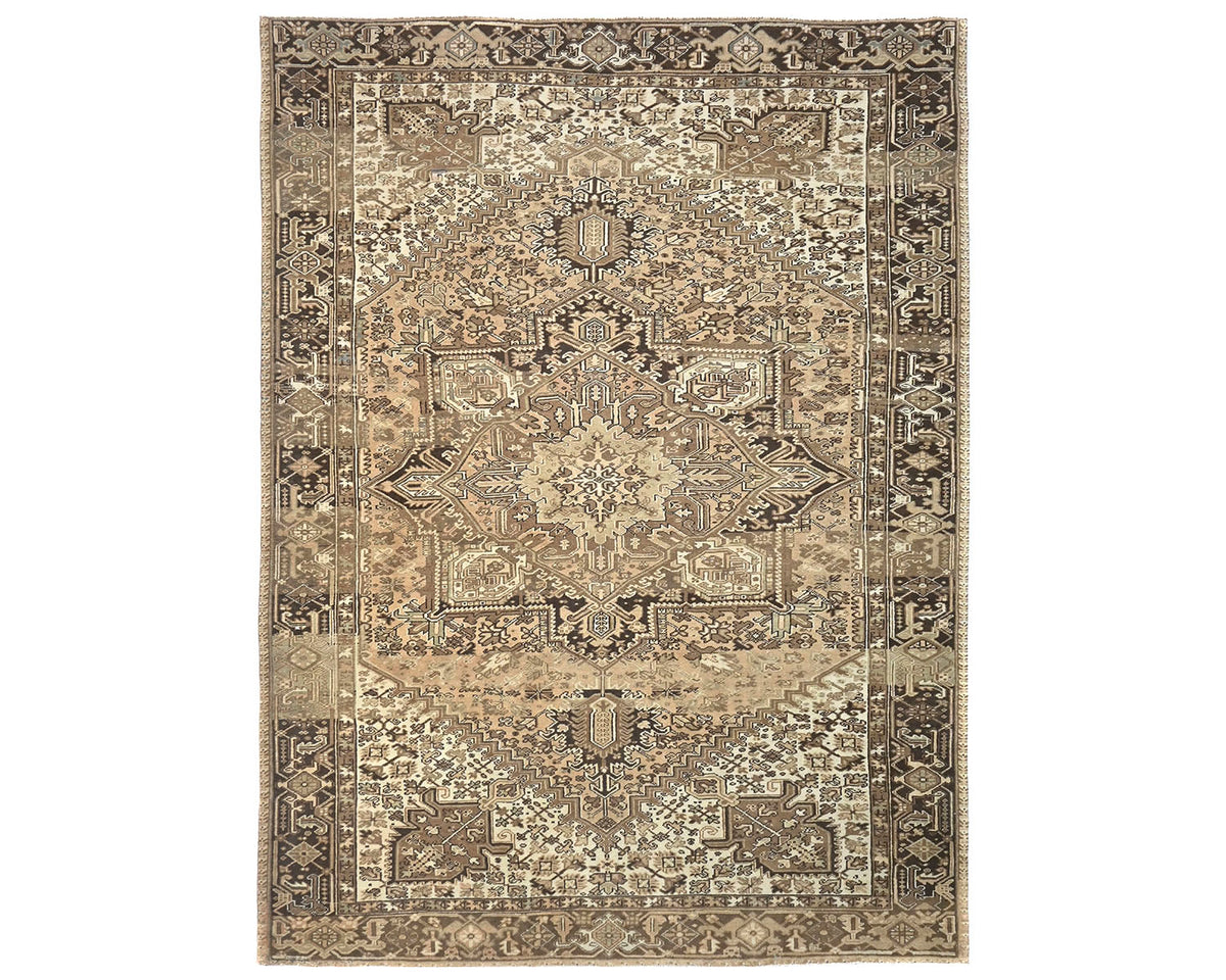 Alfombra de lana anudada a mano estilo persa vintage Heriz marrón de 9 x 12 pulgadas