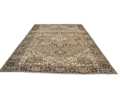 Alfombra de lana anudada a mano estilo persa vintage Heriz marrón de 9 x 12 pulgadas