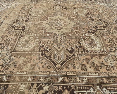 Alfombra de lana anudada a mano estilo persa vintage Heriz marrón de 9 x 12 pulgadas