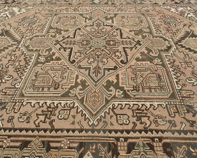 Alfombra de lana anudada a mano estilo persa vintage Heriz marrón de 8 x 11