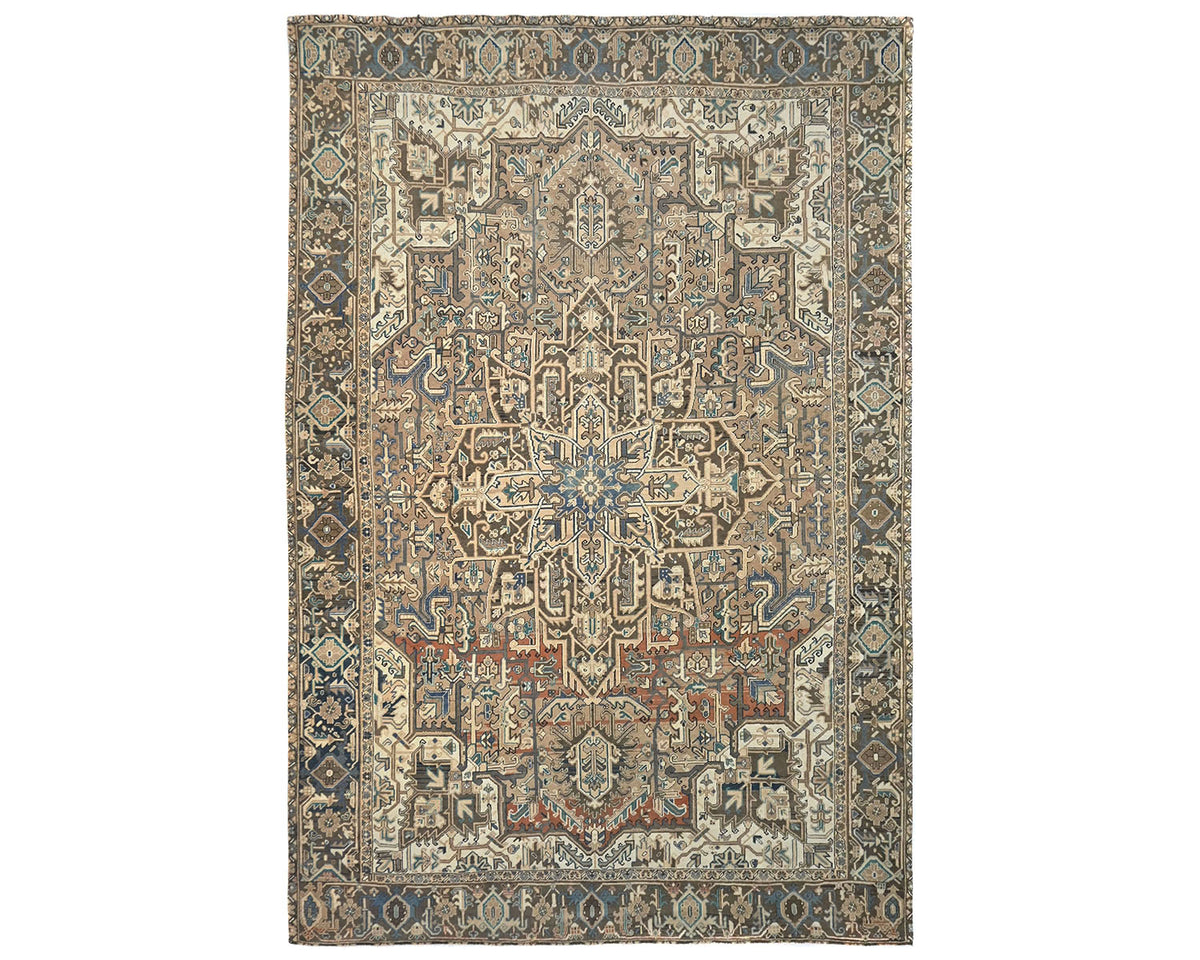 Alfombra de lana anudada a mano estilo persa vintage Heriz marrón de 9 x 12 pulgadas