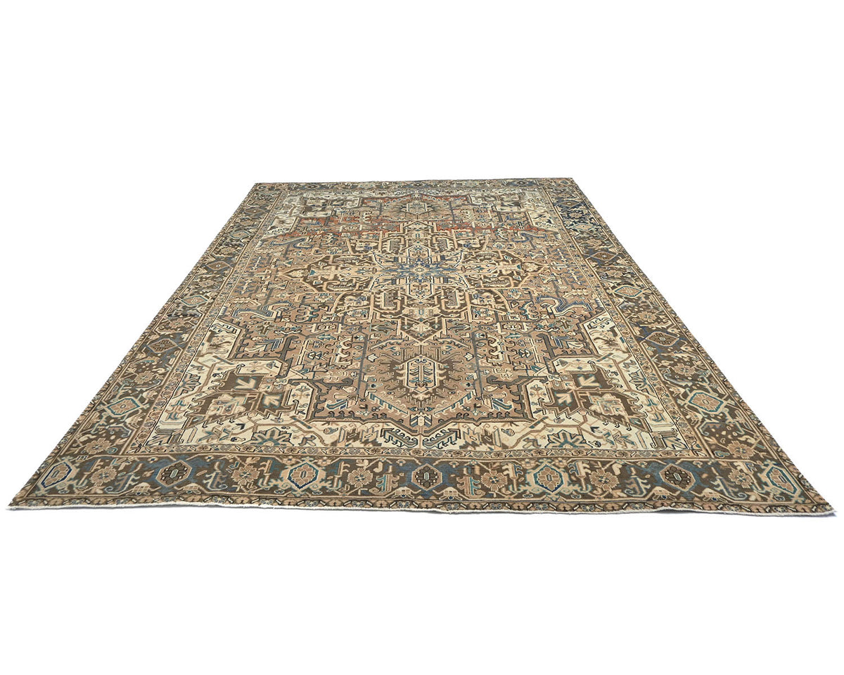 Alfombra de lana anudada a mano estilo persa vintage Heriz marrón de 9 x 12 pulgadas