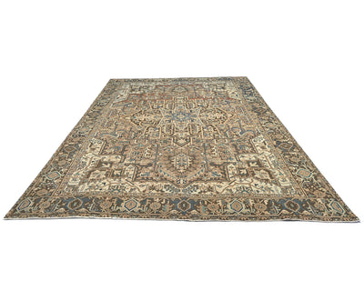 Alfombra de lana anudada a mano estilo persa vintage Heriz marrón de 9 x 12 pulgadas