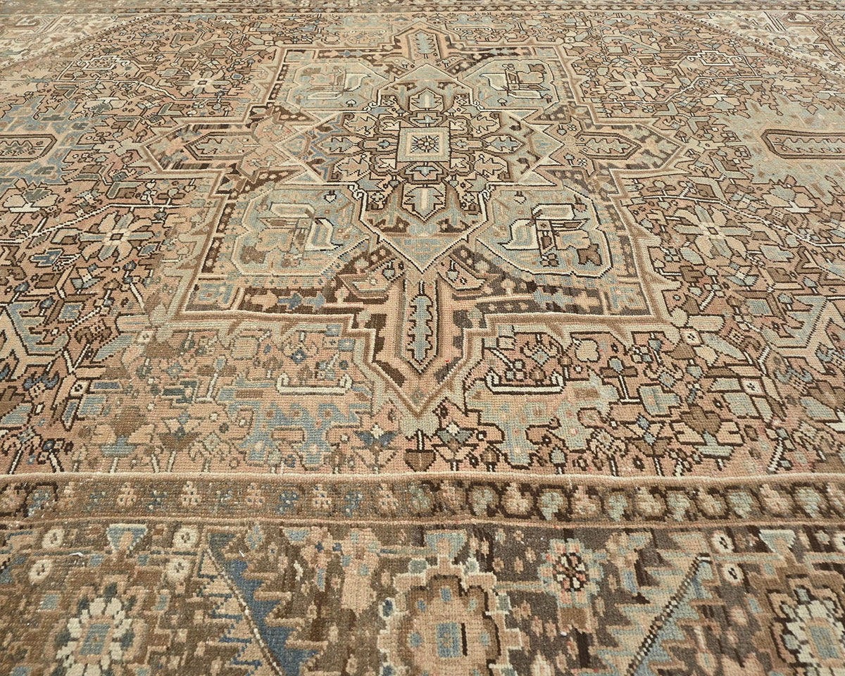 Alfombra de lana anudada a mano estilo persa vintage Heriz marrón de 10 x 13