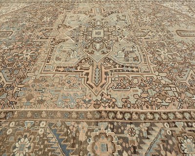 Alfombra de lana anudada a mano estilo persa vintage Heriz marrón de 10 x 13