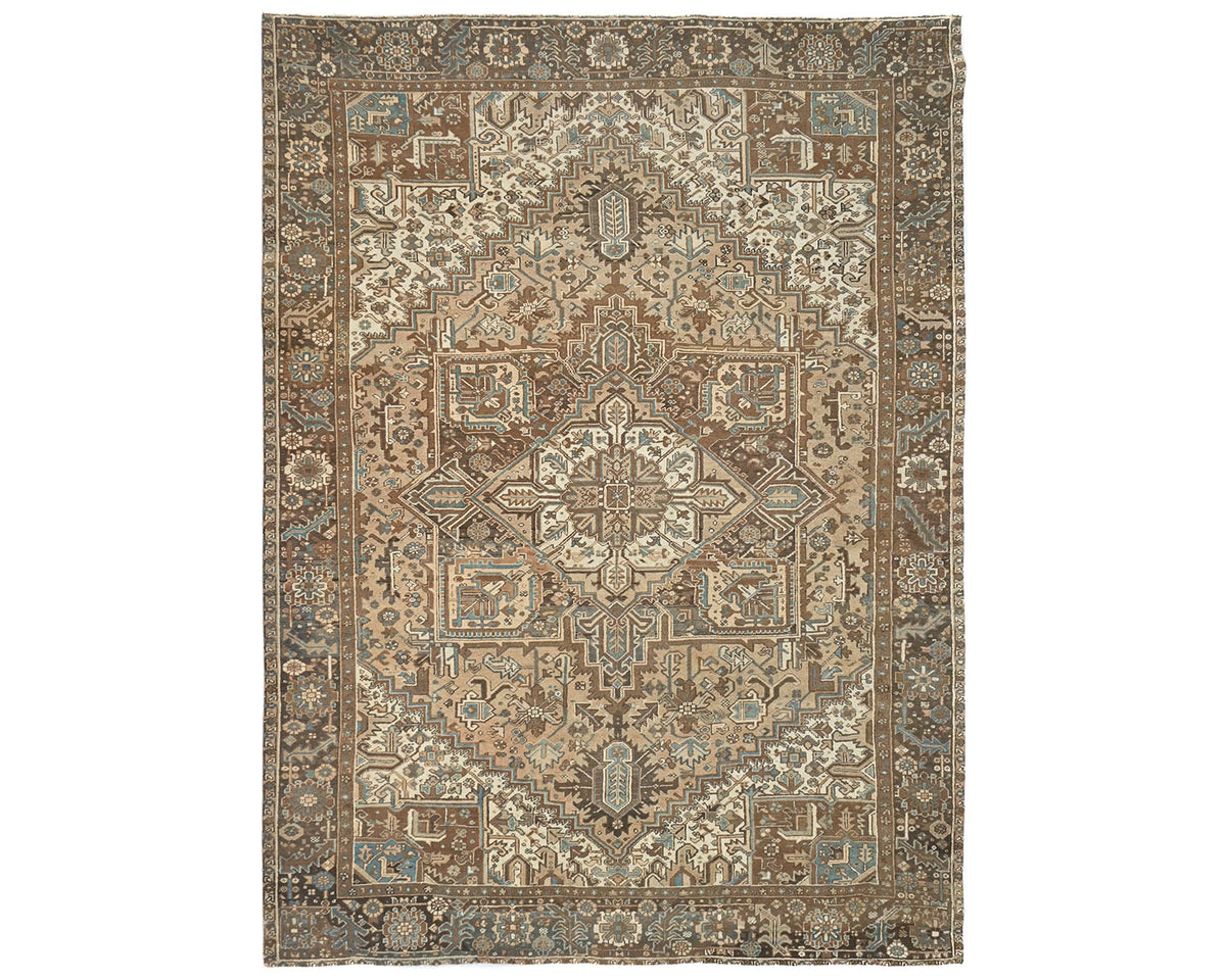 Alfombra de lana anudada a mano estilo persa vintage Heriz marrón de 9 x 12 pulgadas