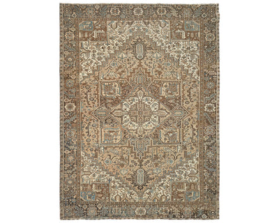 Alfombra de lana anudada a mano estilo persa vintage Heriz marrón de 9 x 12 pulgadas