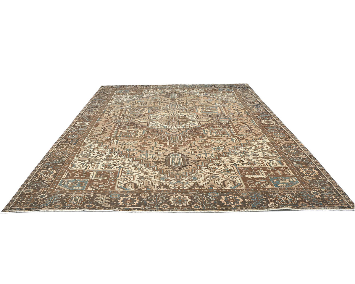 Alfombra de lana anudada a mano estilo persa vintage Heriz marrón de 9 x 12 pulgadas