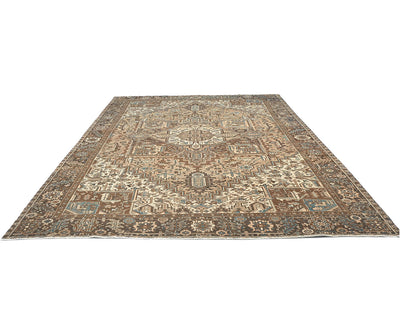 Alfombra de lana anudada a mano estilo persa vintage Heriz marrón de 9 x 12 pulgadas