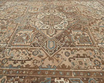 Alfombra de lana anudada a mano estilo persa vintage Heriz marrón de 9 x 12 pulgadas