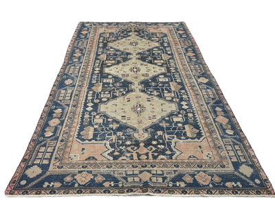 5x11 Vintage Blue Persian Style Hand Knotted Low Pile Wool Area Rug