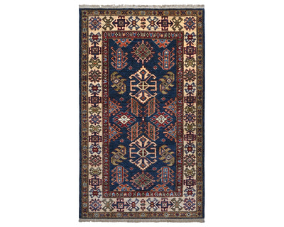 Blue 3x5 Kazak Afghan Hand Knotted Geometric Wool Area Rug