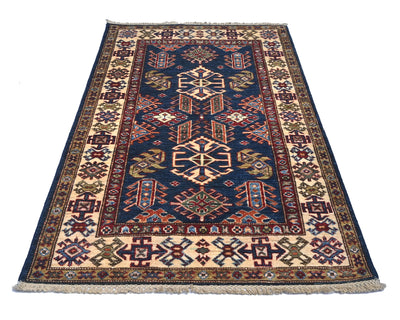 Blue 3x5 Kazak Afghan Hand Knotted Geometric Wool Area Rug