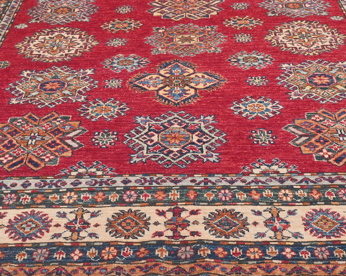 Alfombra afgana kazaja roja de 6x9 pulgadas, anudada a mano, de lana geométrica
