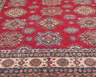 Alfombra afgana kazaja roja de 6x9 pulgadas, anudada a mano, de lana geométrica