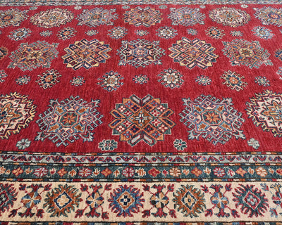 Alfombra afgana kazaja roja de 6x9 pulgadas, anudada a mano, de lana geométrica