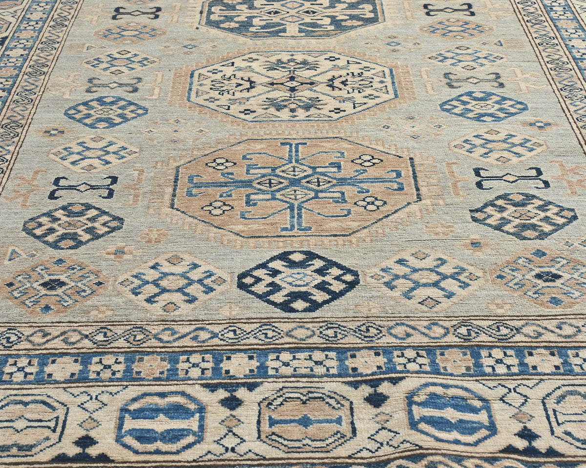 6x9 Kazak Gray Afghan Hand Knotted Geometric Wool Area Rug