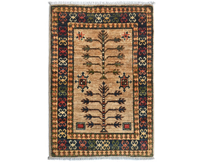Alfombra afgana Ersari de lana teñida con vegetales, anudada a mano, color marrón claro, 2x3