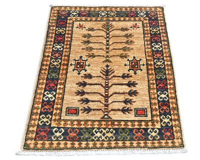 Alfombra afgana Ersari de lana teñida con vegetales, anudada a mano, color marrón claro, 2x3
