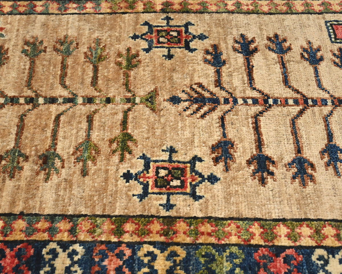 Alfombra afgana Ersari de lana teñida con vegetales, anudada a mano, color marrón claro, 2x3
