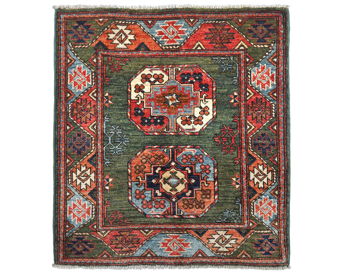 3x4 Green Ersari Afghan Hand Knotted Veg Dye Wool Area Rug