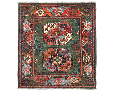 3x4 Green Ersari Afghan Hand Knotted Veg Dye Wool Area Rug