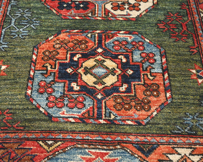 3x4 Green Ersari Afghan Hand Knotted Veg Dye Wool Area Rug