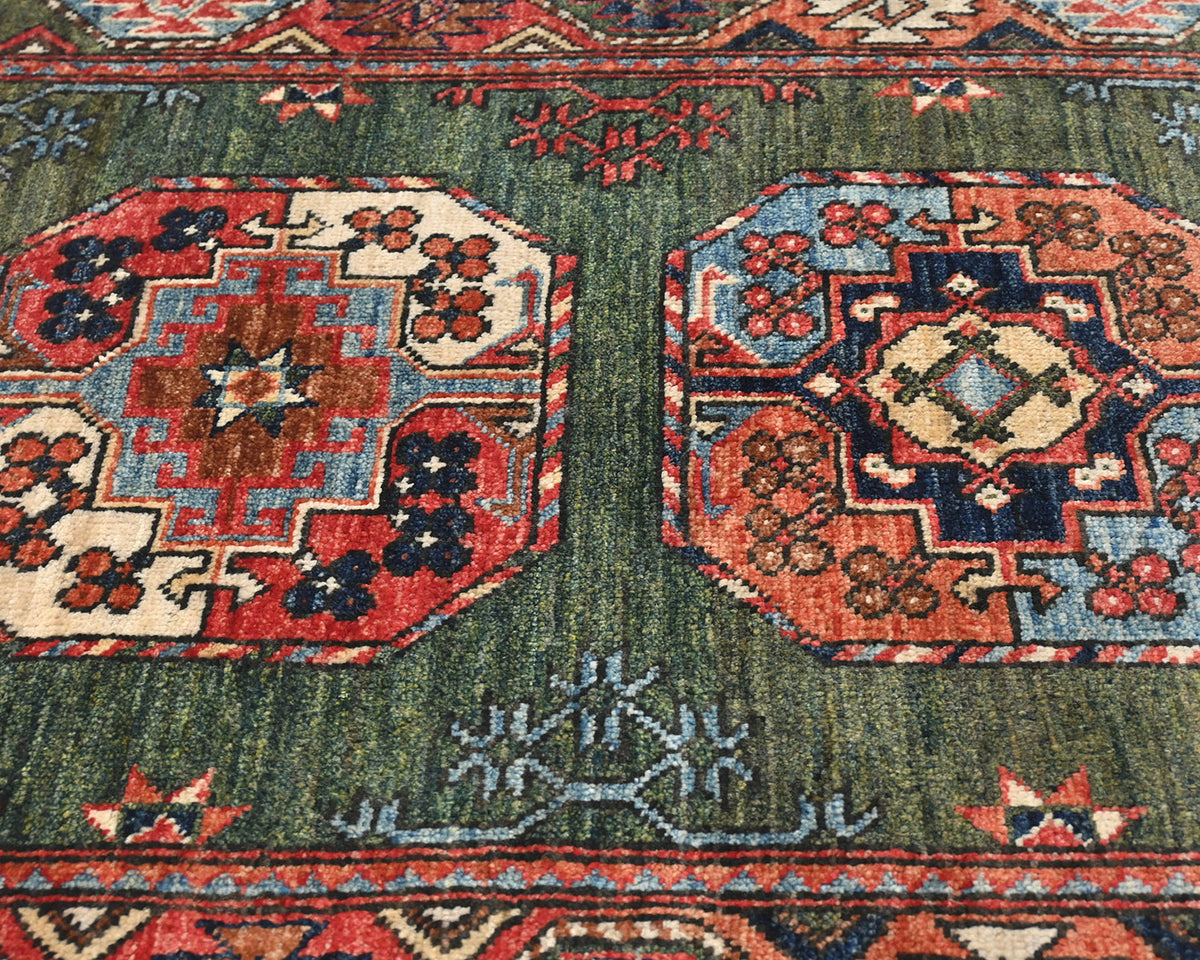 3x4 Green Ersari Afghan Hand Knotted Veg Dye Wool Area Rug