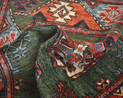 3x4 Green Ersari Afghan Hand Knotted Veg Dye Wool Area Rug
