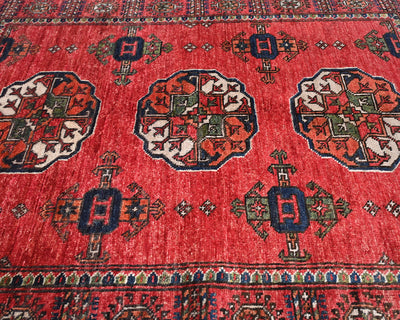 Alfombra afgana de lana teñida vegetal anudada a mano Ersari roja de 3x5