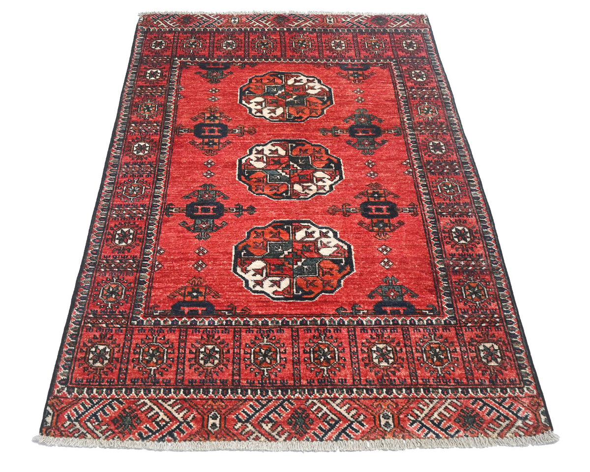 3x5 Red Ersari Afghan Hand Knotted Veg Dye Wool Area Rug