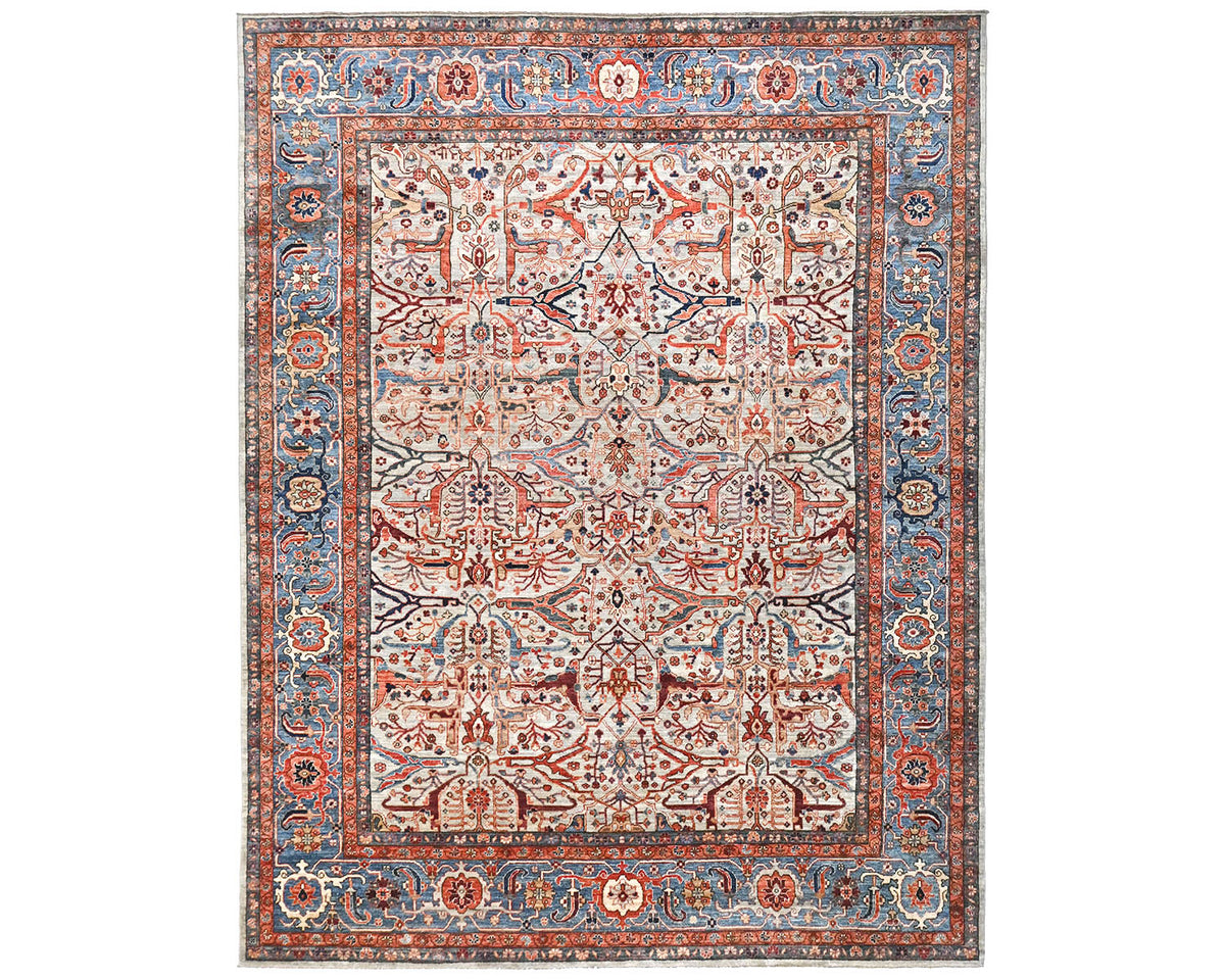Alfombra afgana Aryana de lana teñida con vegetales, anudada a mano, de 9 x 12 pulgadas, color gris y azul