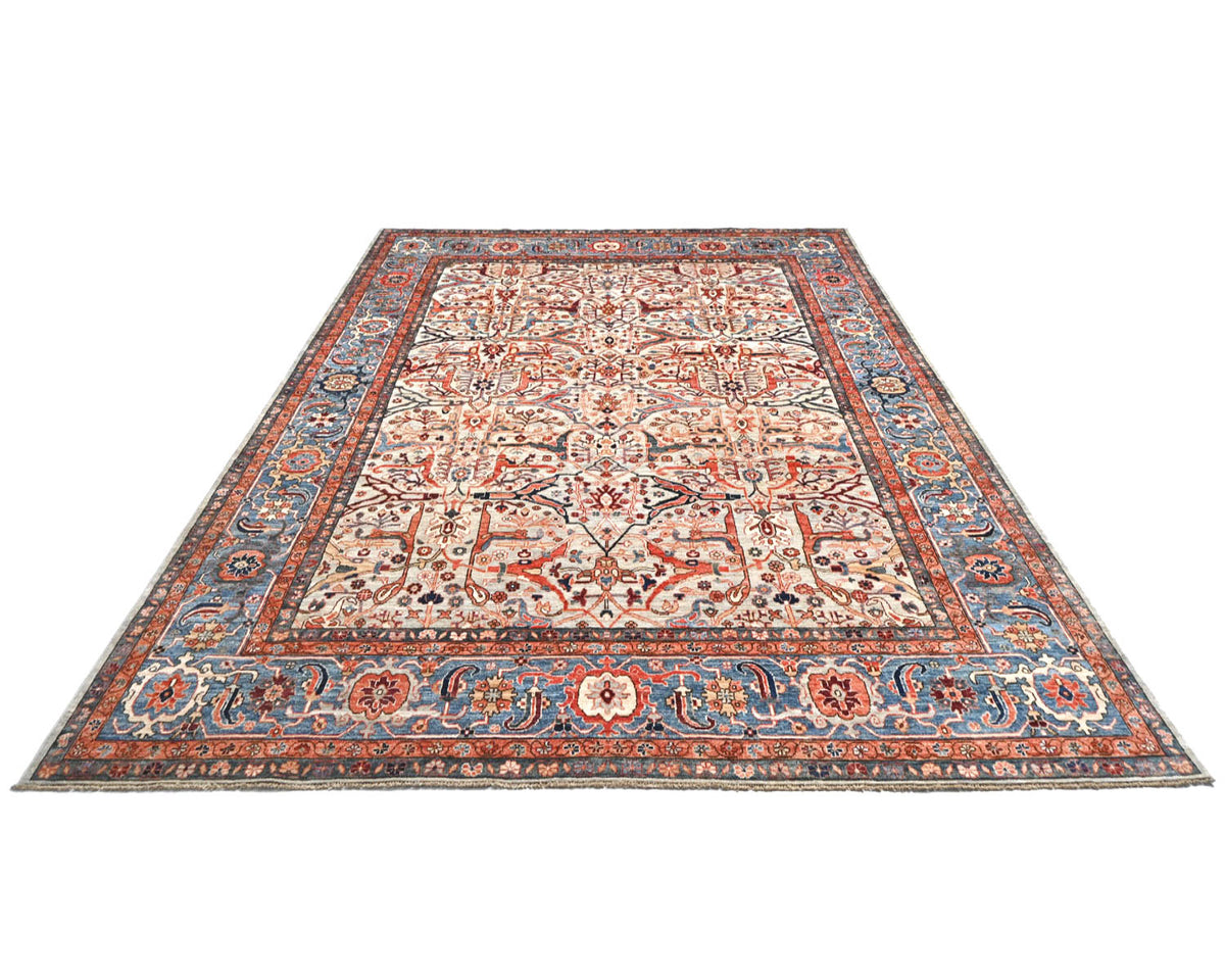 Alfombra afgana Aryana de lana teñida con vegetales, anudada a mano, de 9 x 12 pulgadas, color gris y azul