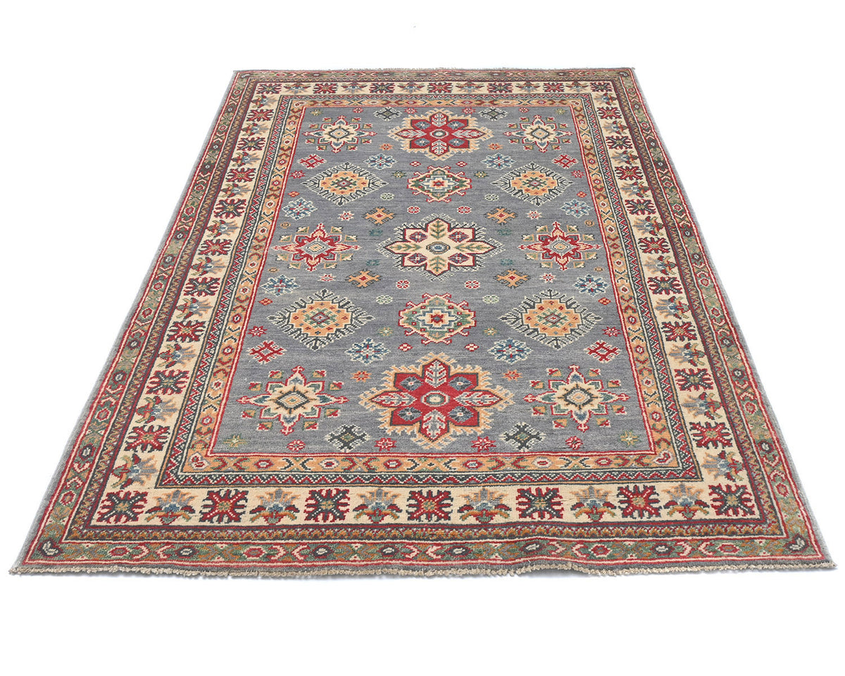 4x6 Gray Kuba Afghan Hand Knotted Wool Area Rug