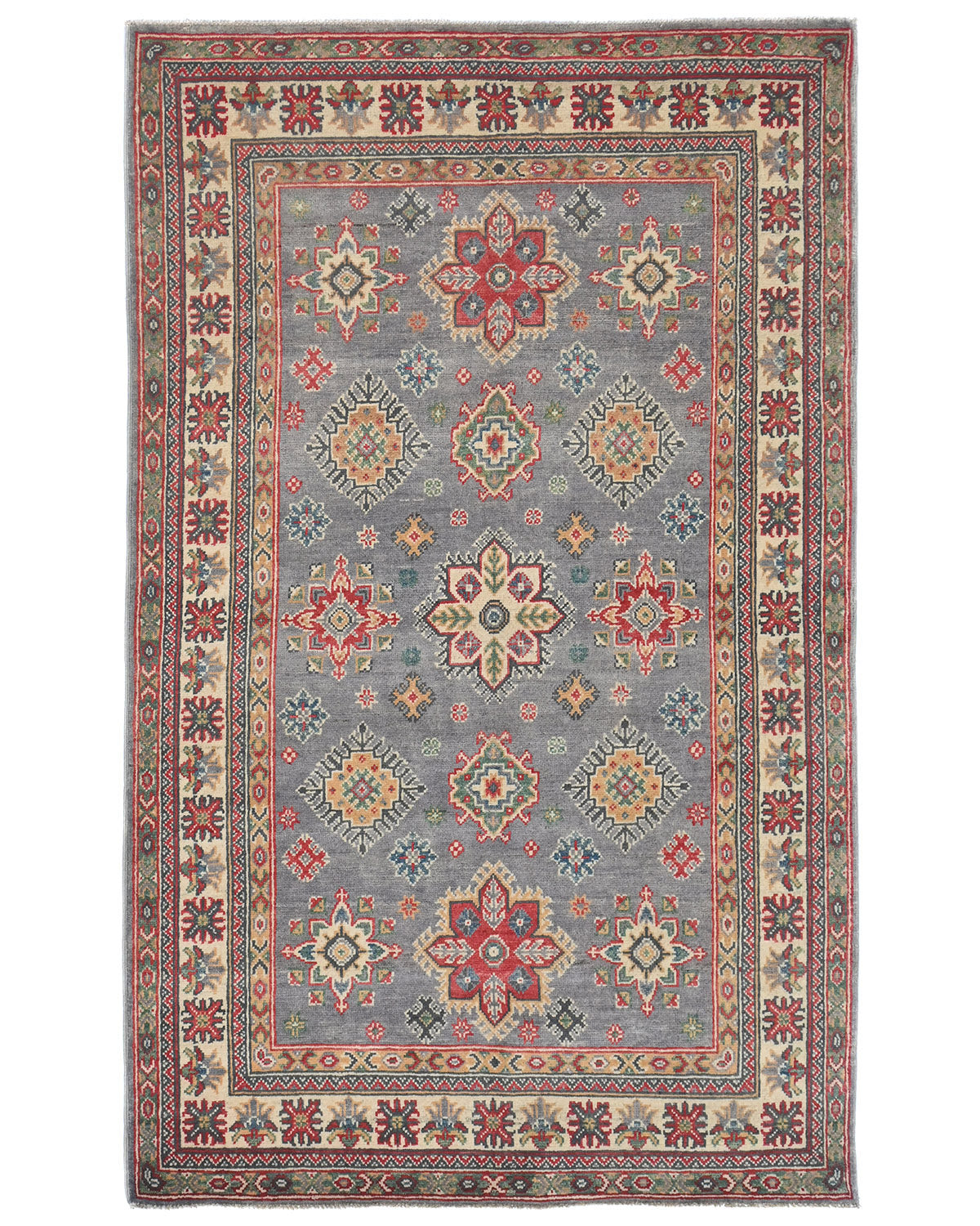 4x7 Gray Kuba Afghan Hand Knotted Wool Area Rug