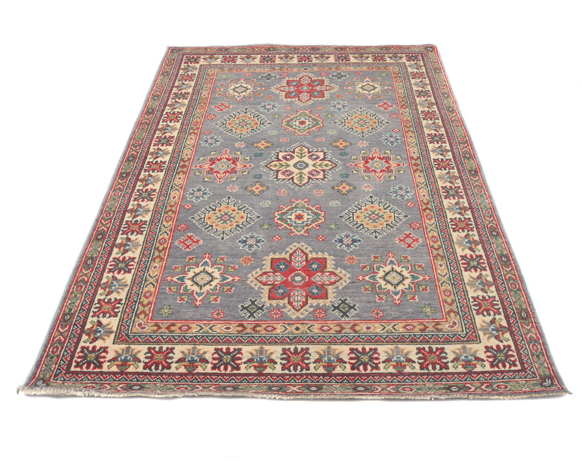 4x7 Gray Kuba Afghan Hand Knotted Wool Area Rug