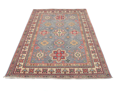 4x7 Gray Kuba Afghan Hand Knotted Wool Area Rug