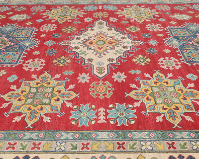 Alfombra afgana Kuba roja de lana anudada a mano de 8 x 10 pulgadas