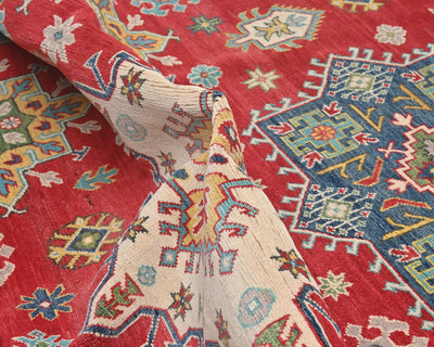 Alfombra afgana Kuba roja de lana anudada a mano de 8 x 10 pulgadas