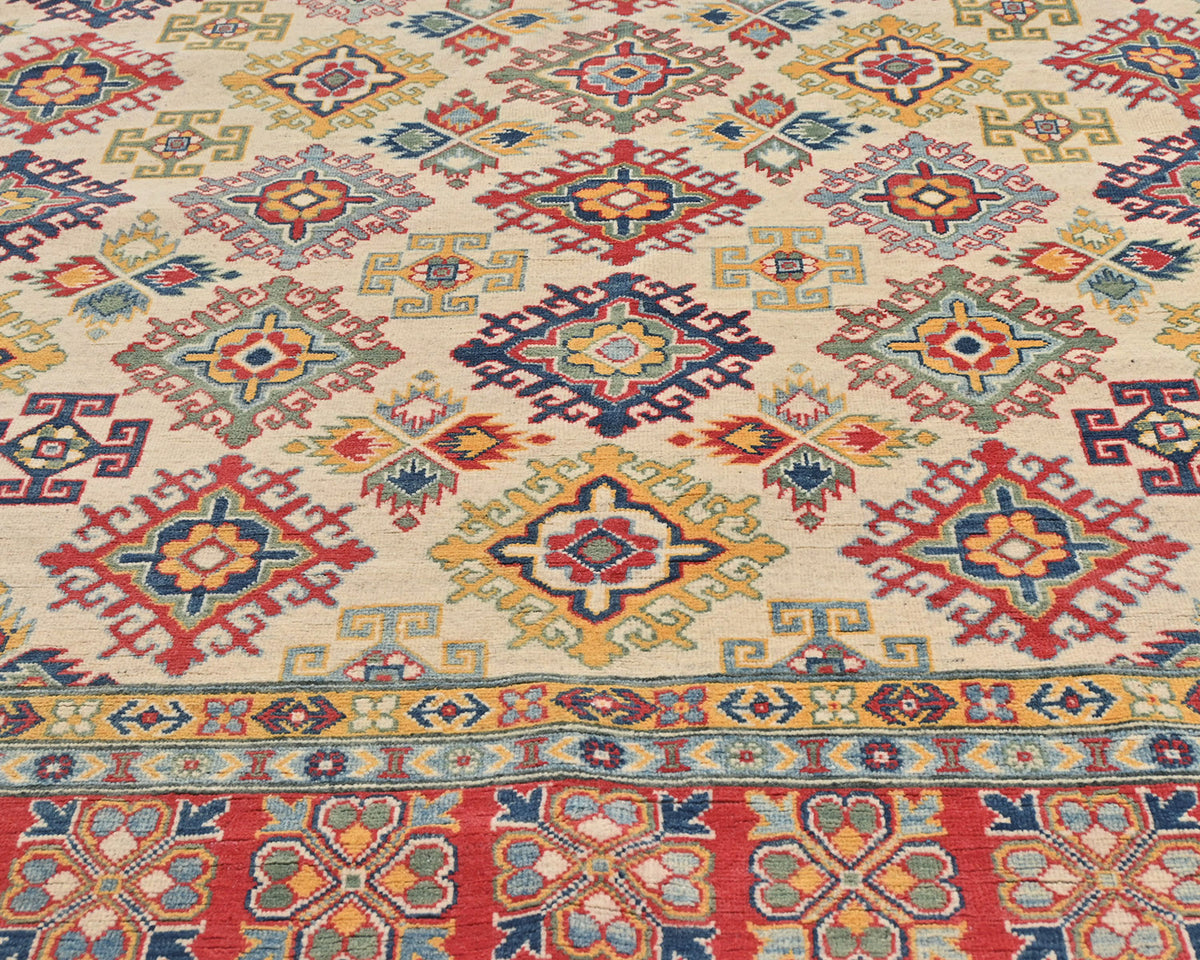 Alfombra afgana Kuba beige de lana anudada a mano de 8 x 10 pulgadas