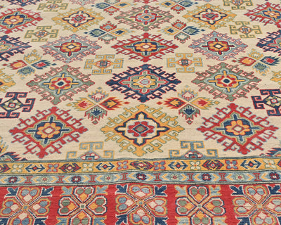 Alfombra afgana Kuba beige de lana anudada a mano de 8 x 10 pulgadas