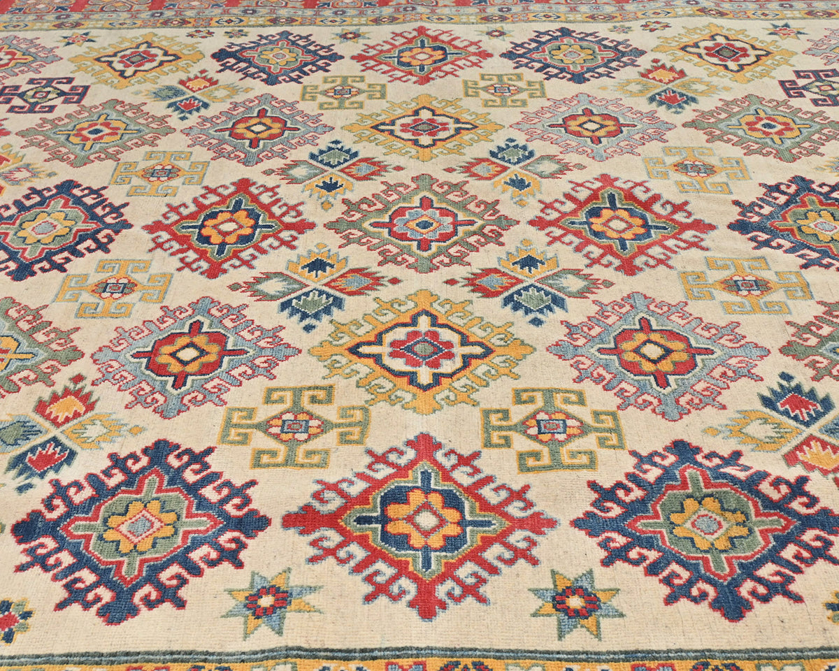 Alfombra afgana Kuba beige de lana anudada a mano de 8 x 10 pulgadas