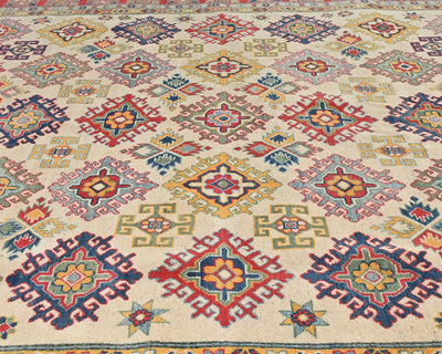 Alfombra afgana Kuba beige de lana anudada a mano de 8 x 10 pulgadas