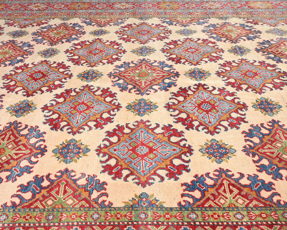 Alfombra afgana Kuba beige de lana anudada a mano de 9 x 12 pulgadas
