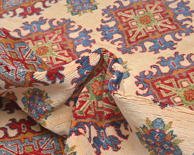 Alfombra afgana Kuba beige de lana anudada a mano de 9 x 12 pulgadas