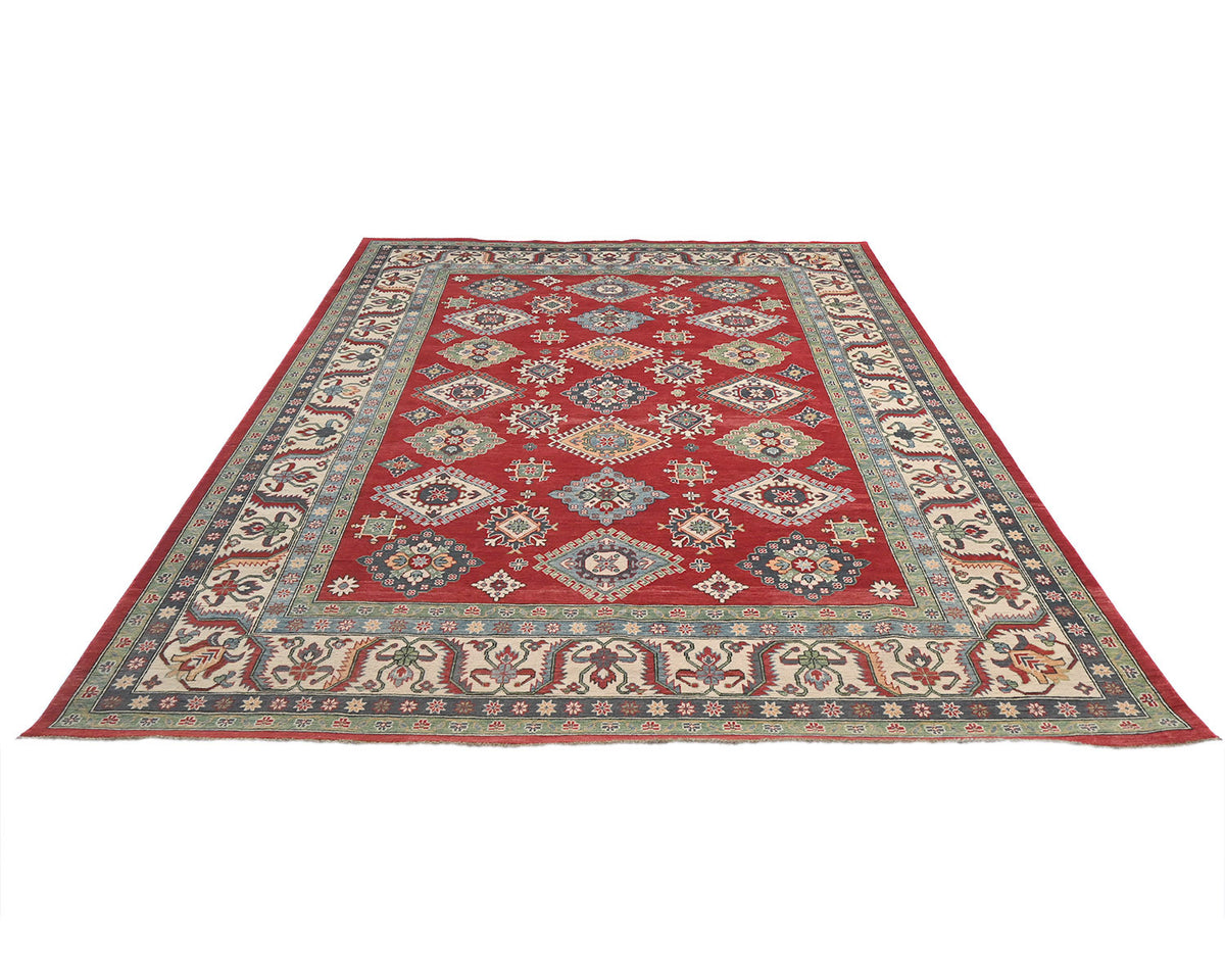 Alfombra afgana Kuba roja de lana anudada a mano de 9 x 12 pulgadas