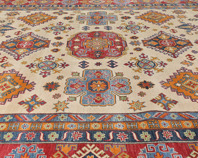 10x14 Beige Kuba Afghan Hand Knotted Wool Area Rug