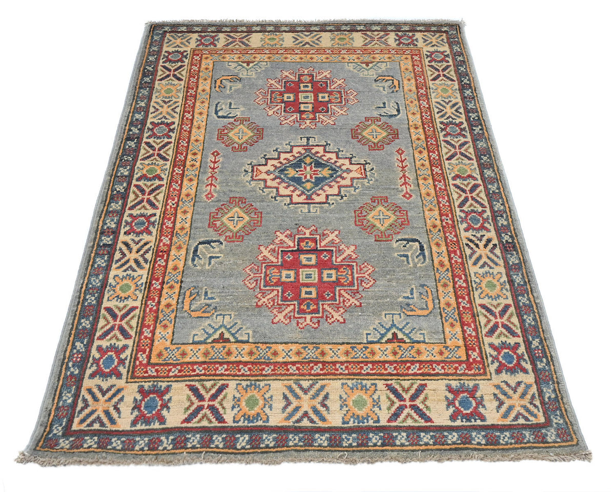 3x4 Gray Kuba Afghan Hand Knotted Wool Area Rug