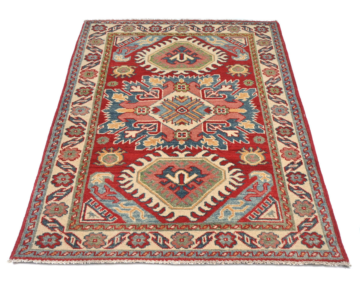 3x4 Red Kuba Afghan Hand Knotted Wool Area Rug